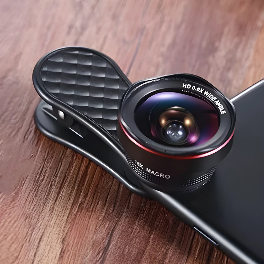 Mobile phone lens kit with 0.6X wide-angle and 15X macro lenses with clip attachment