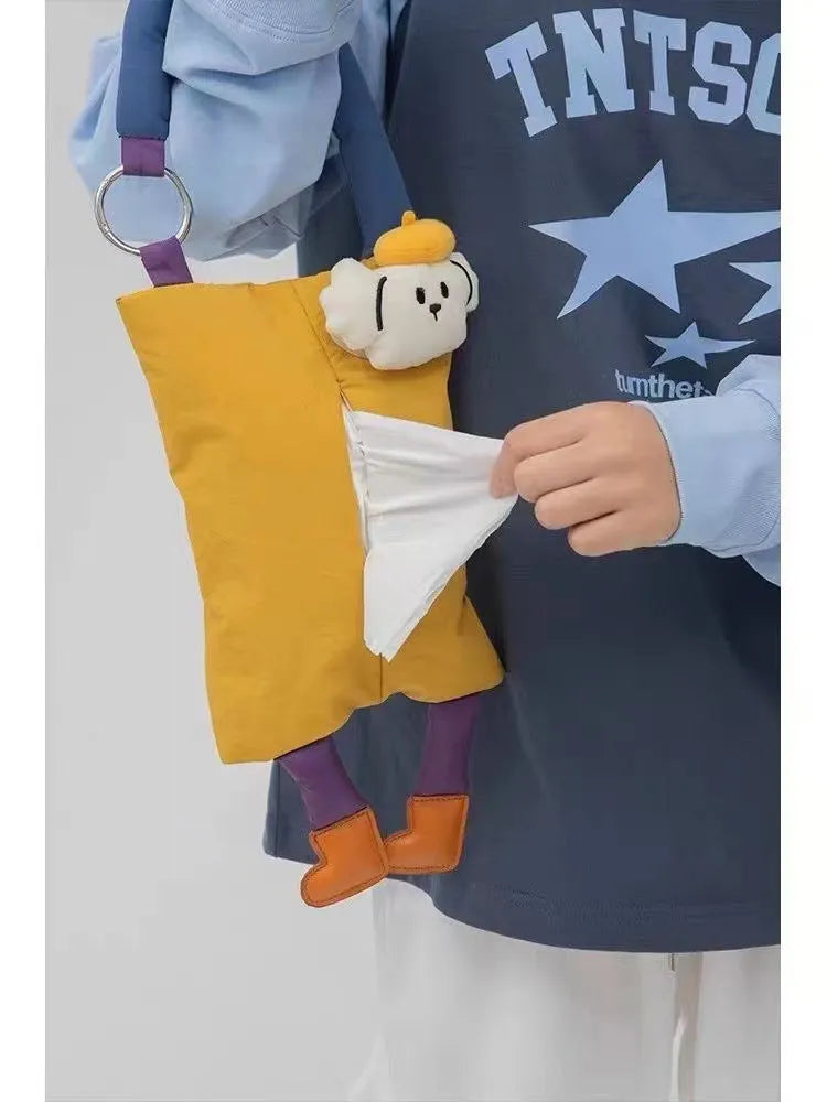 Soft plush hanging car tissue bag in hat dog design, showing hanging loop and pouch.