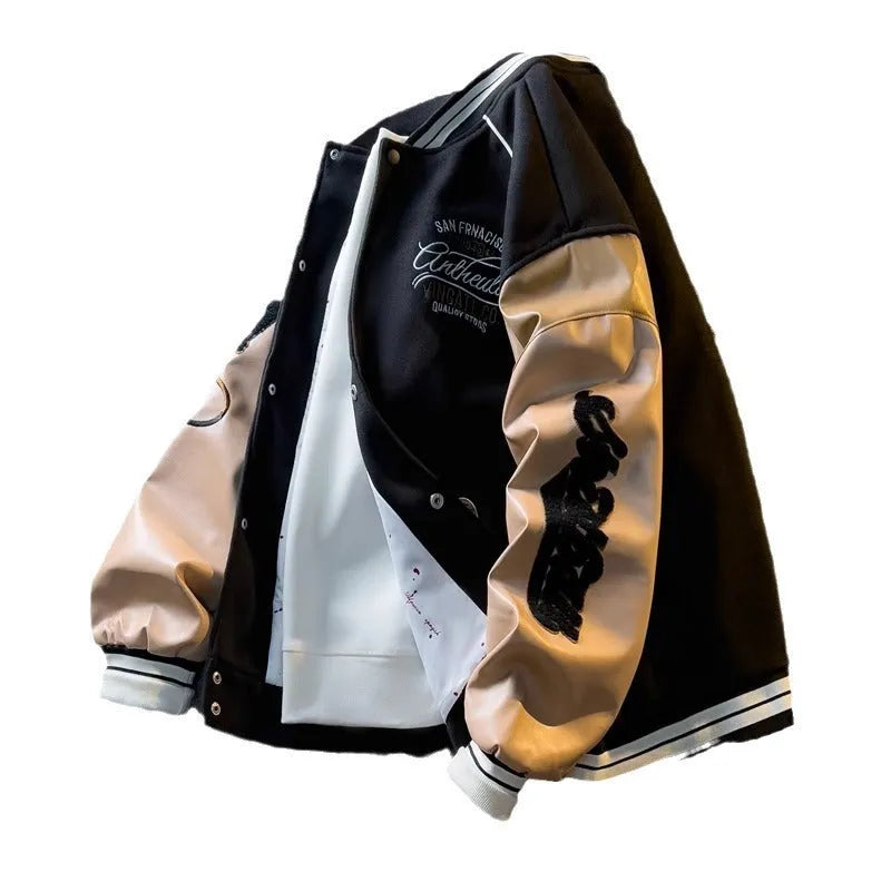 Contrast color American embroidery leather sleeve coat slim fit regular length in black