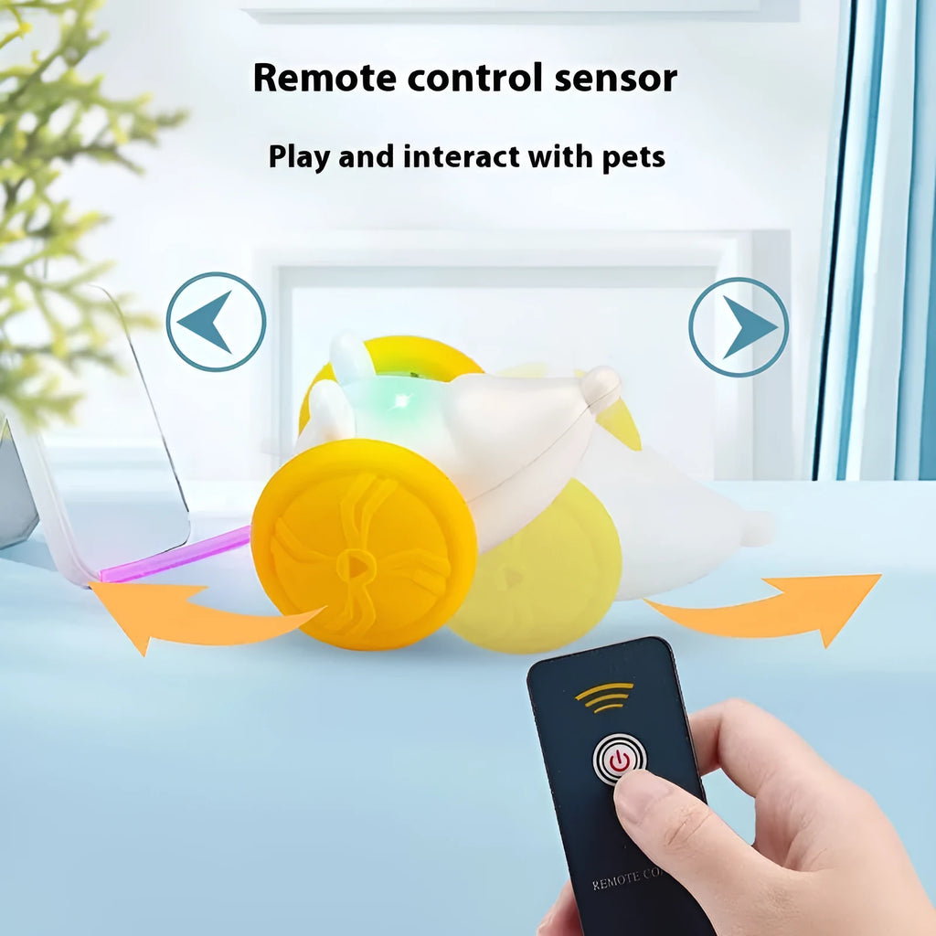 Electric moving cat toy with USB rechargeable remote control in blue technical mouse design