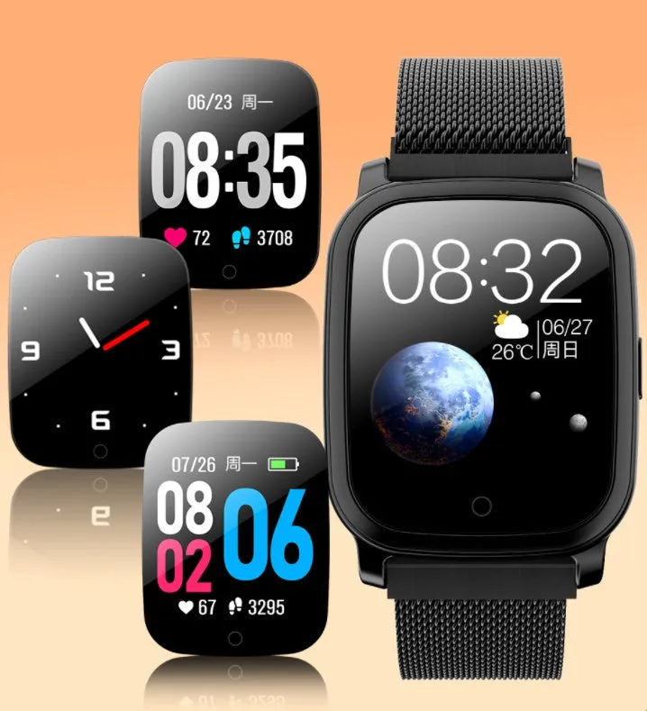 Smart pedometer watch with temperature measurement on wrist, showing 1.3 inch screen and black or silver colour options