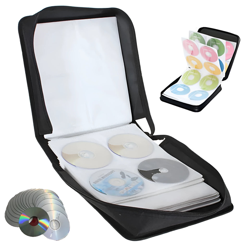 Black Oxford fabric CD storage organiser with a hand strap and zipper, showing capacity for hundreds of discs.