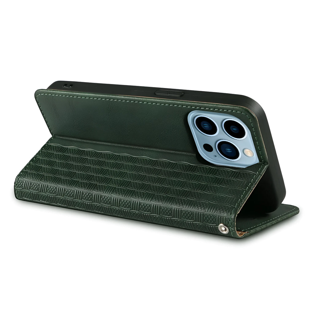 Embossed leather flip phone case for Apple iPhone in black, shown open and closed.