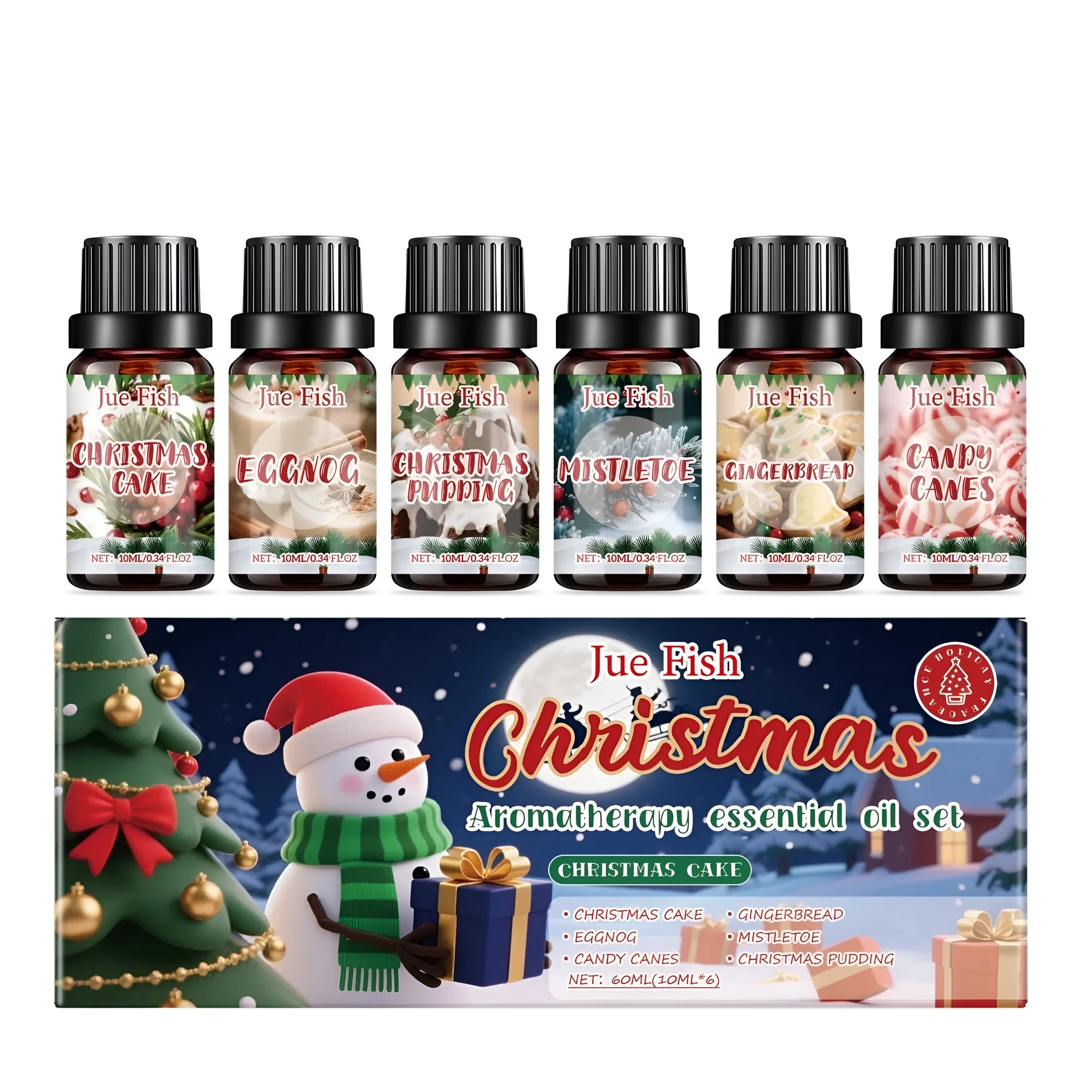 Christmas essential oil set with six 10ml bottles showing festive fragrances for aromatherapy diffusion