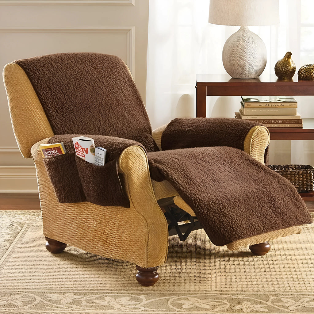 Polyester sofa cushion slipcover in lamb wool beige colour on a sofa seat