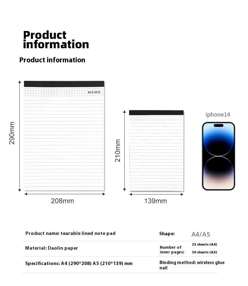A4 tearable notebook with grid paper and wireless adhesive binding shown in available colour options