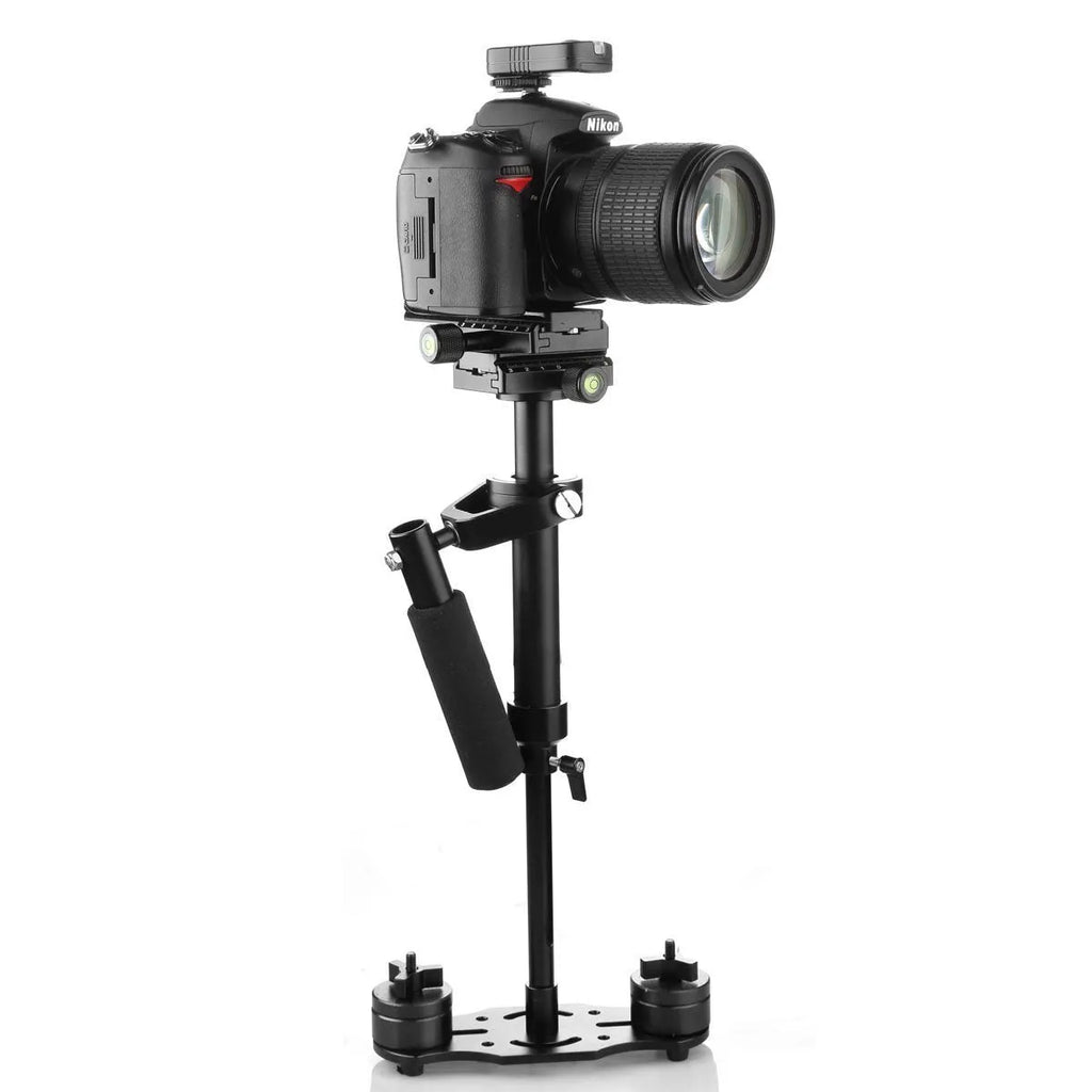 Black aluminium alloy handheld camera stabiliser with adjustable height, shown with a camera attached.