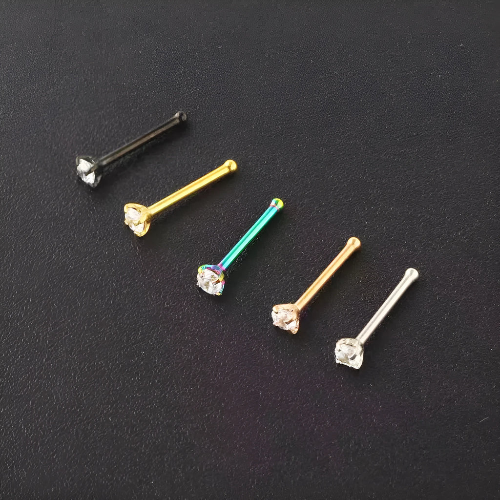 Geometric round zircon nose stud with four-claw setting stainless steel straight rod unisex