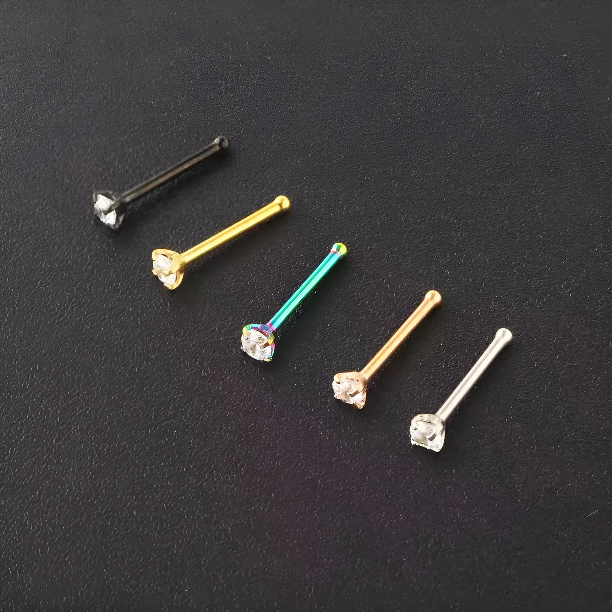 Geometric round zircon nose stud with four-claw setting stainless steel straight rod unisex