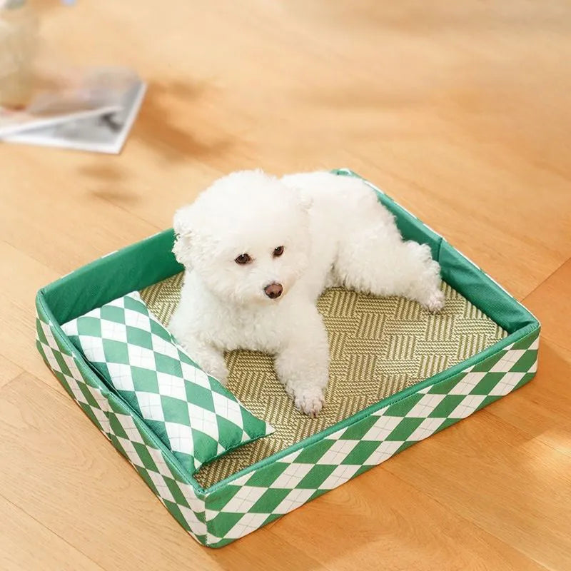 Natural rattan cat bed in blue colour showing woven cooling design for summer use with cats