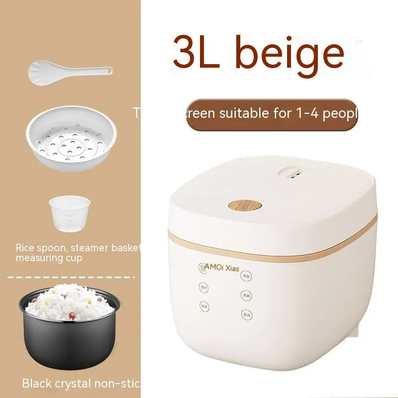 White or beige 3L multi-function rice cooker with black inner pot and included accessories