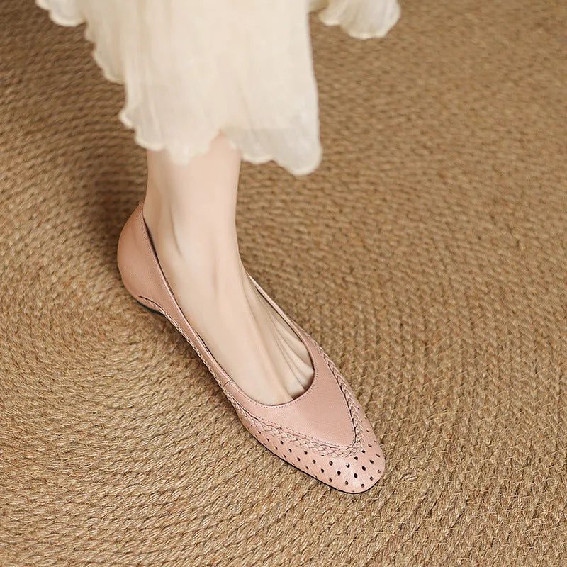 Women's shallow mouth hollow-out round toe mid heel sandals in sheepskin with beef tendon sole