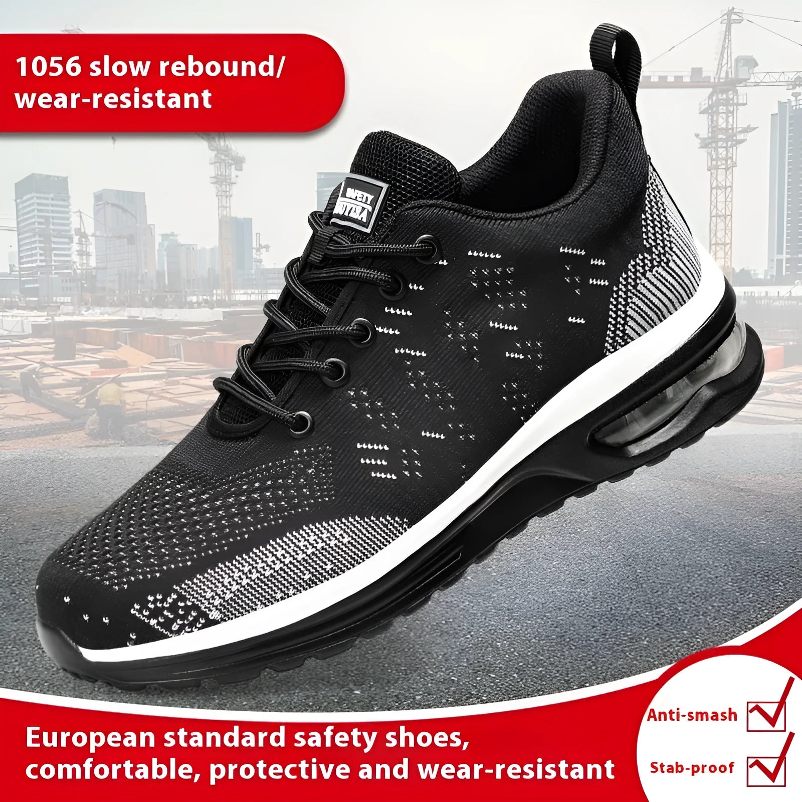Men's black steel toe safety shoes with low-top design and fly woven mesh upper