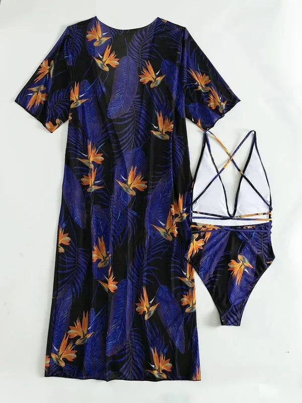 Women's polyester three-piece swimsuit bikini set with coat in a pattern design.