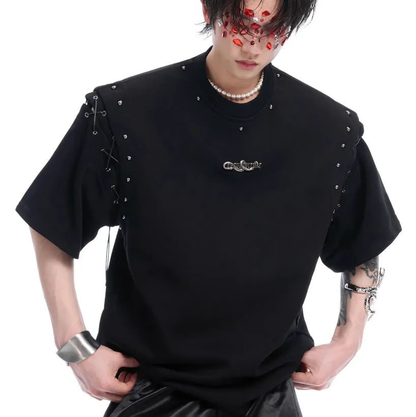 Women's black short sleeve T-shirt with lace-up cutout deconstruction style detail