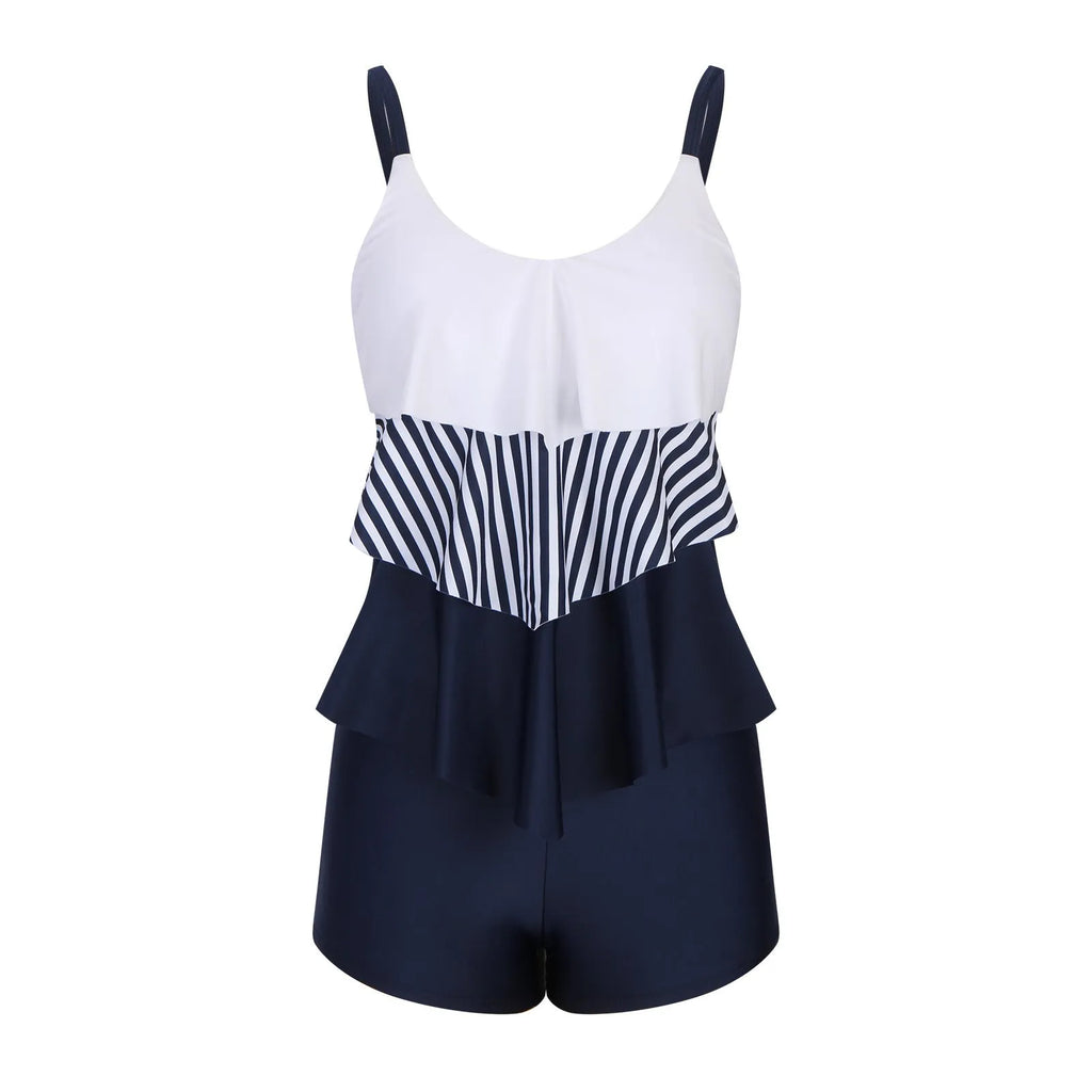 Ladies conservative stripe boyshort swimsuit in polyester fabric with boyshort-style bottom