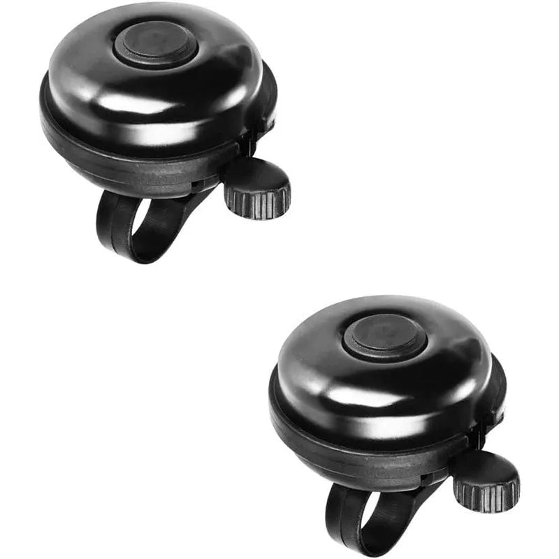 Black ABS plastic bicycle bell with 58mm diameter on a mountain bike handlebar fixture
