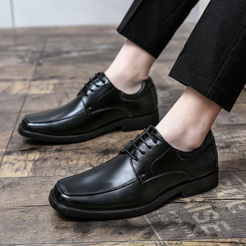 Men's black square toe low-top business casual leather shoes with rubber sole