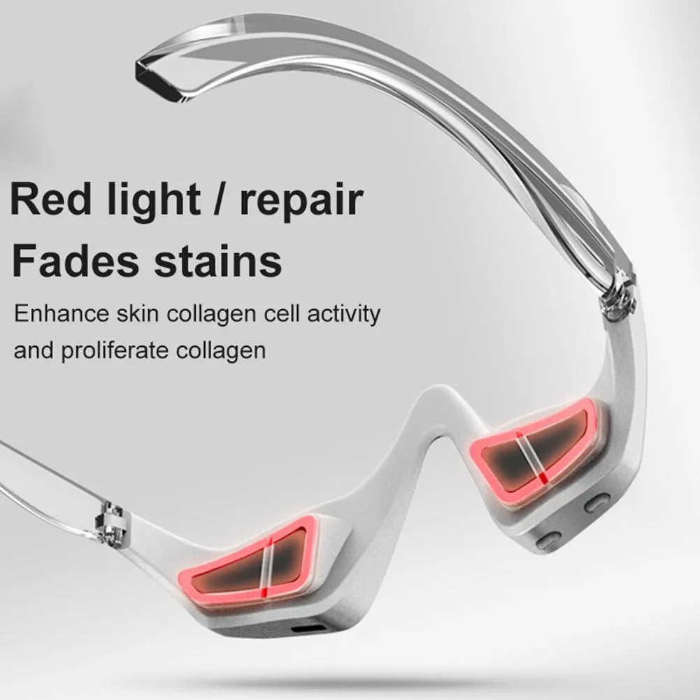 3D micro-current eye massager with glasses design on a pink background.