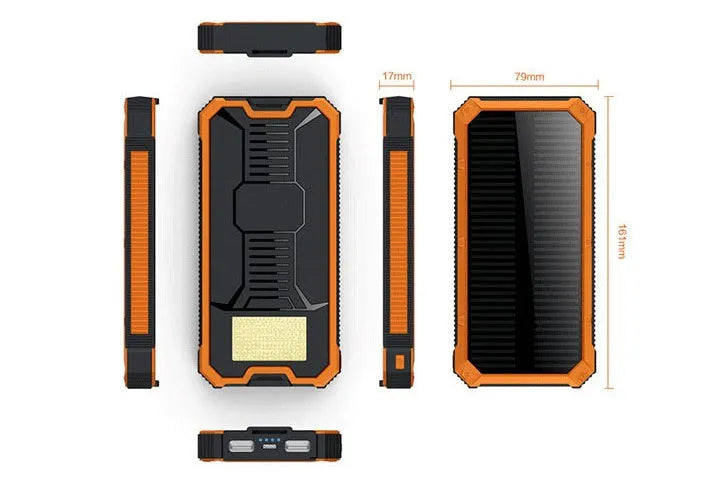 Solar power bank in orange, green, black or yellow with polymer lithium battery and compact plastic housing
