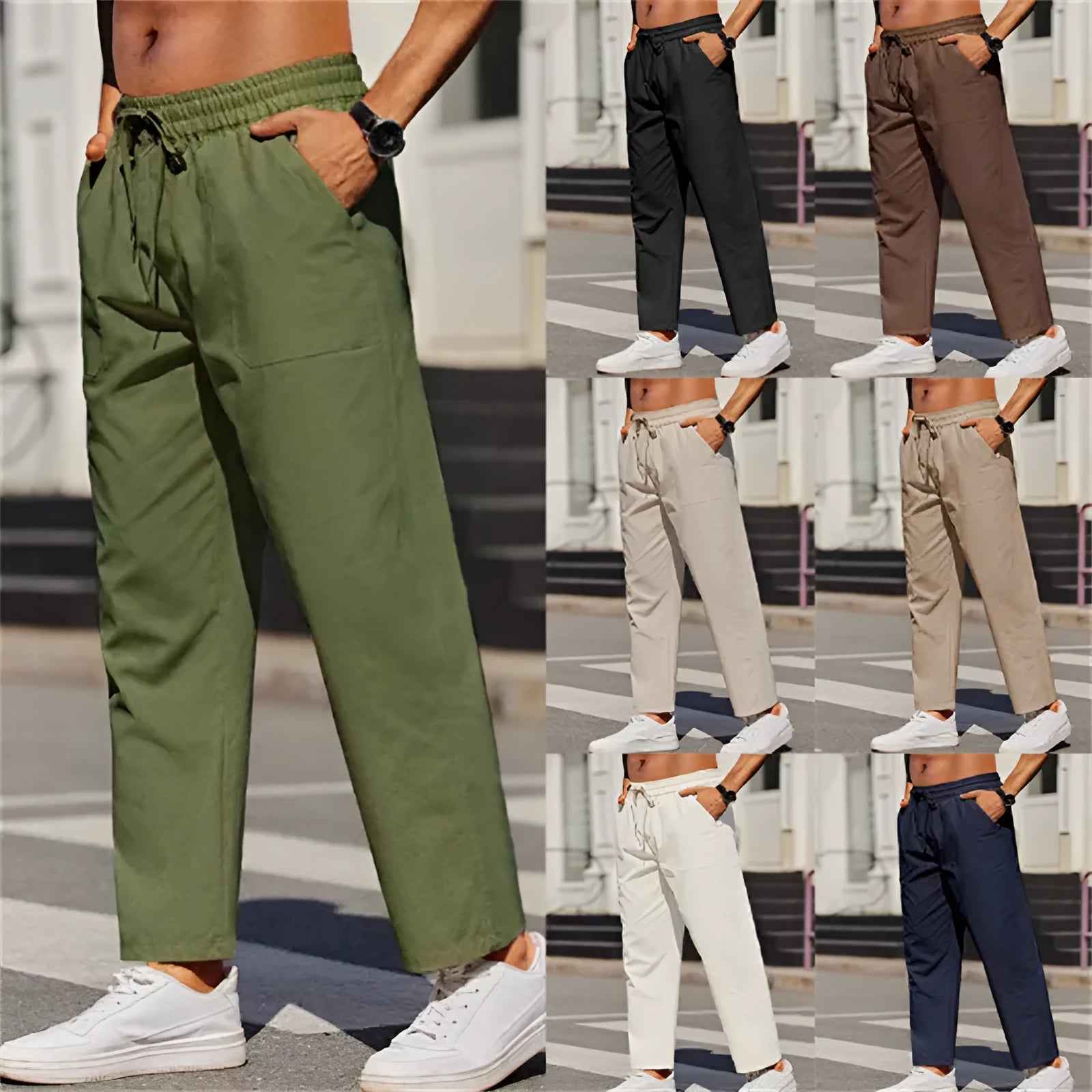 Men's straight leg linen trousers in apricot colour with an elasticated waistband