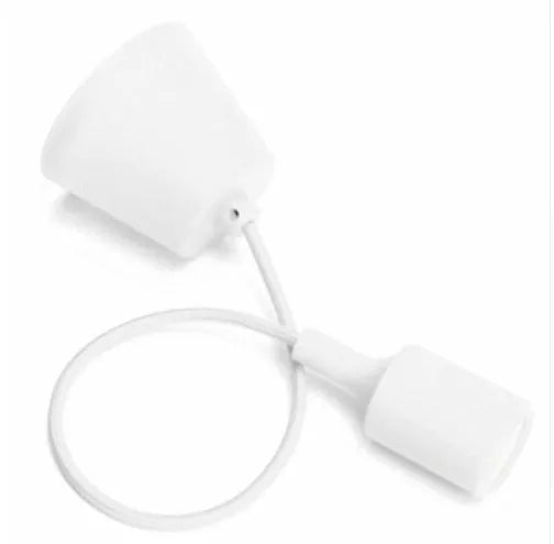 Silicone pendant light holder with black cord and E27 socket next to white and blue colour variants.