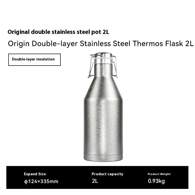 Large stainless steel thermal pot with carrying handle for outdoor camping and hiking use