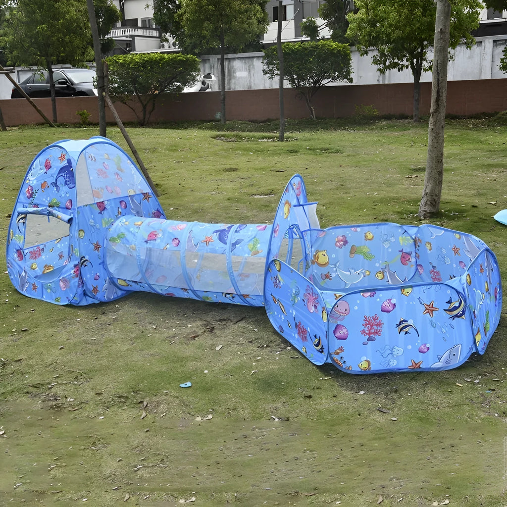 Underwater World themed children's cloth tent with connecting tunnel and ball pool play centre