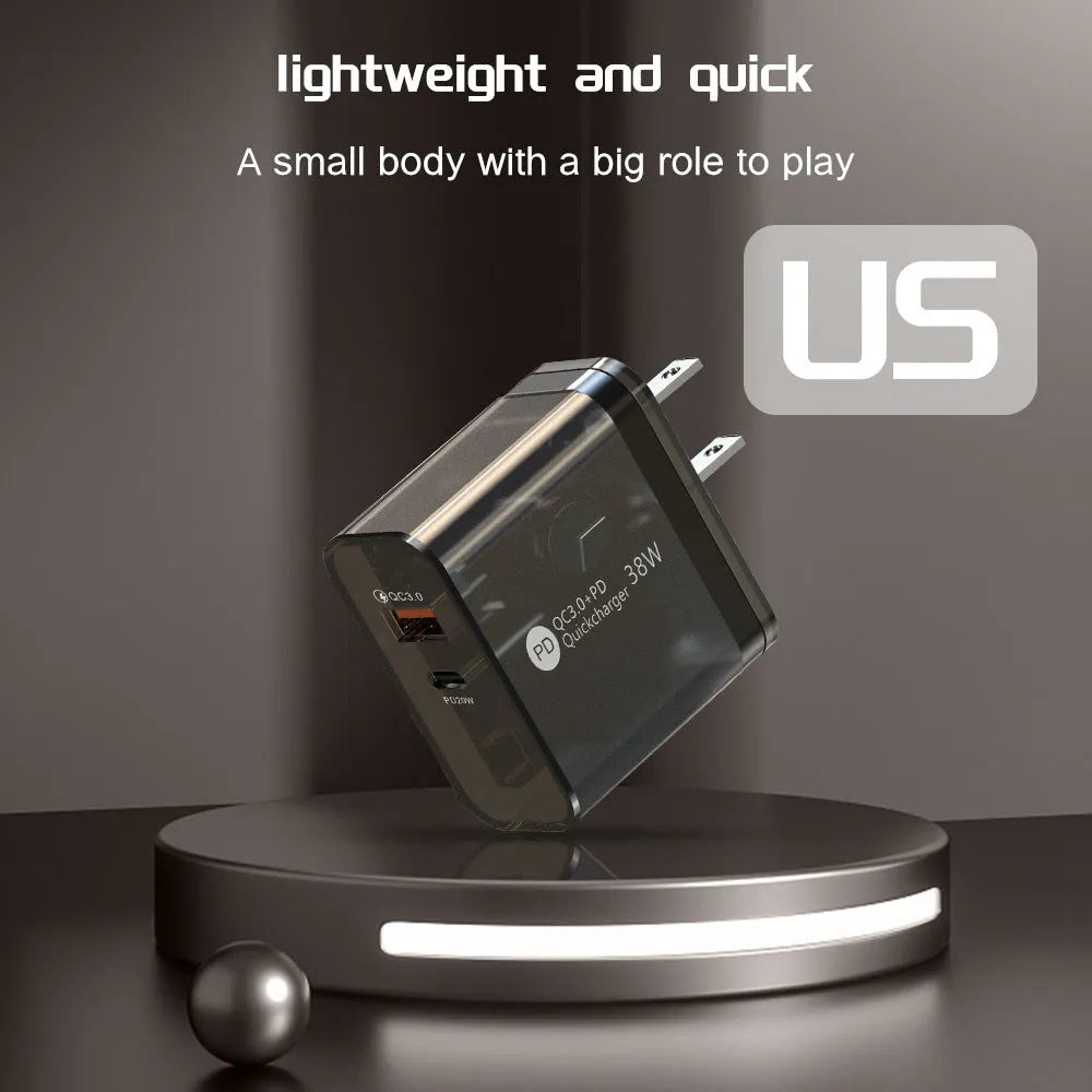 38W transparent charging adapter with TYPE-C port, EU round and US flat plug heads visible