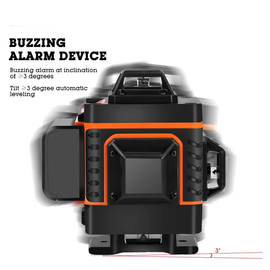 Rotating laser level with green and orange beam options showing 16-line projection pattern