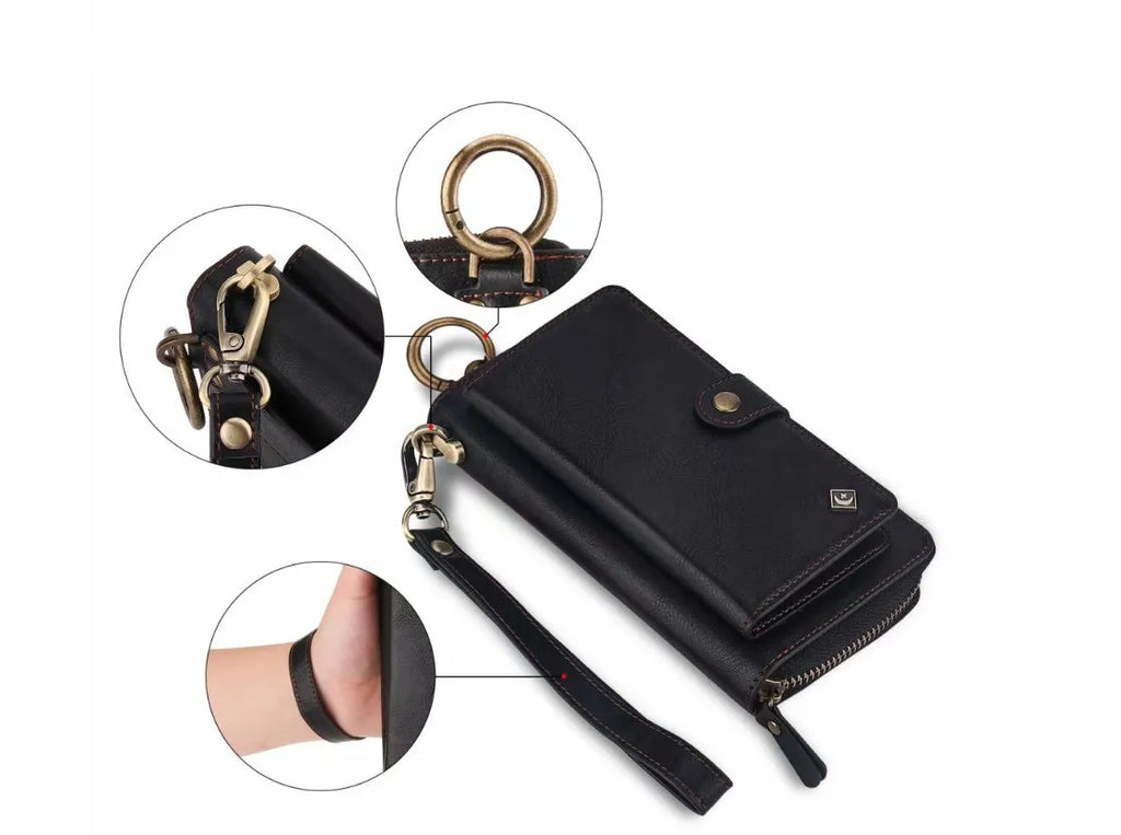 Black imitation leather phone case with a zippered wallet compartment open, showing card slots.