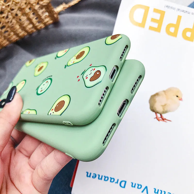 Avocado cartoon design on a green TPU back cover case for an Apple iPhone.