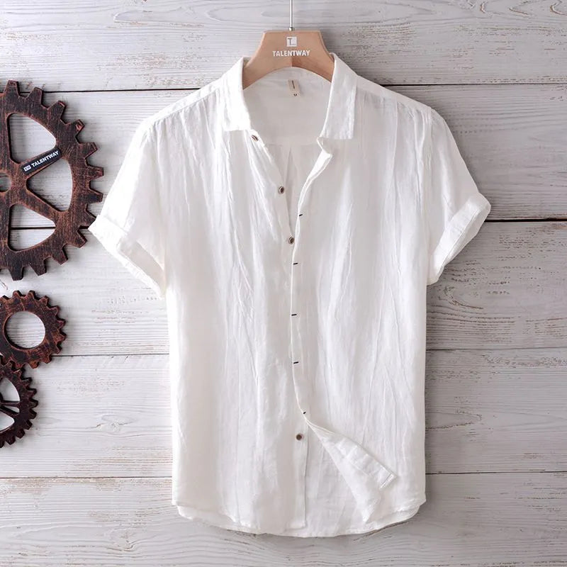 Men's solid colour retro distressed linen shirt in white, front view, summer casual button-down