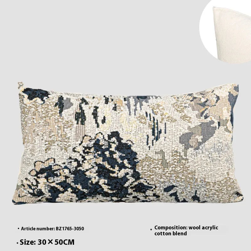 Chinese style decorative pillow cover with blue antique French floral pattern on wool blend fabric.