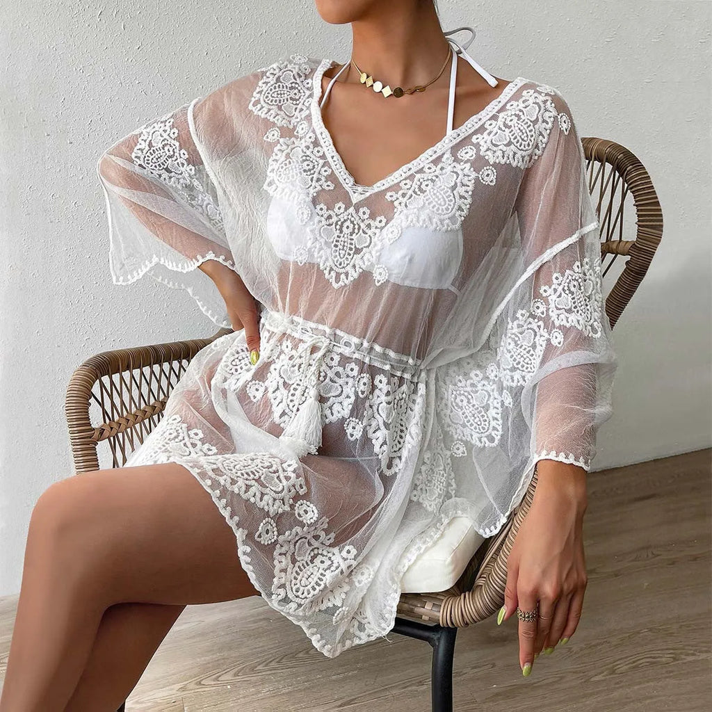 White polyester beach blouse with cotton blend lining for women's swimming and beach activities