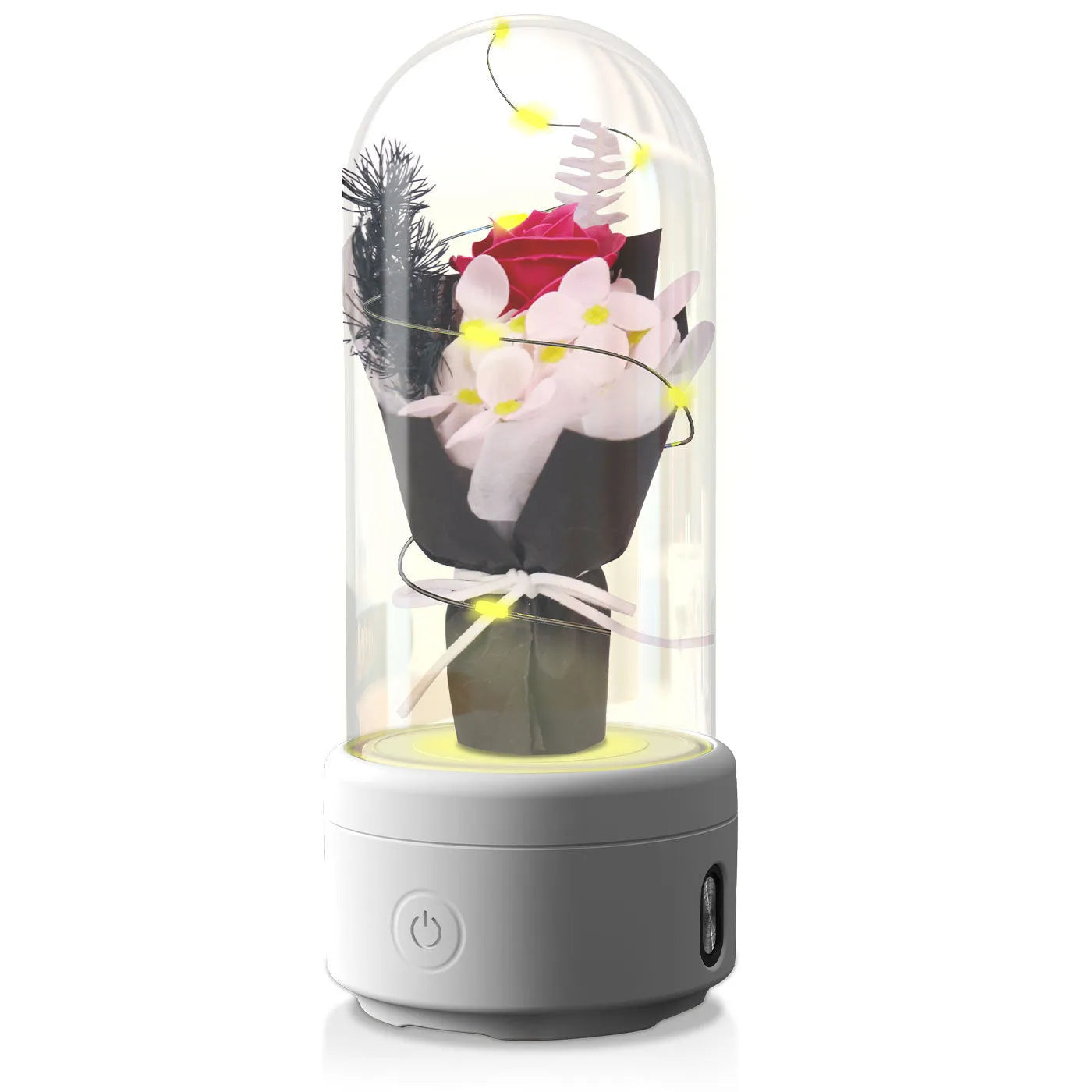 LED bouquet night light with Bluetooth speaker inside a glass cover on a black base.
