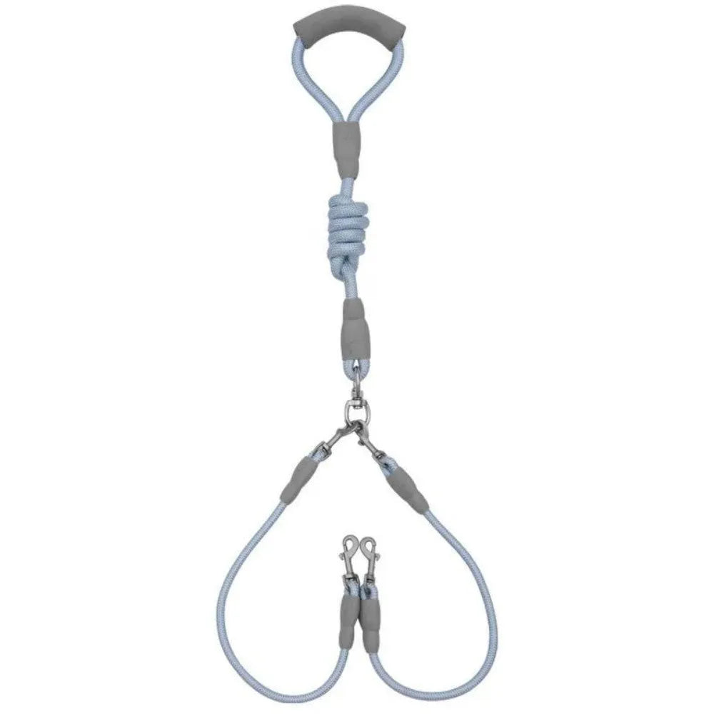 Double dog leash for two dogs with foam handle and metal buckles in blue colour
