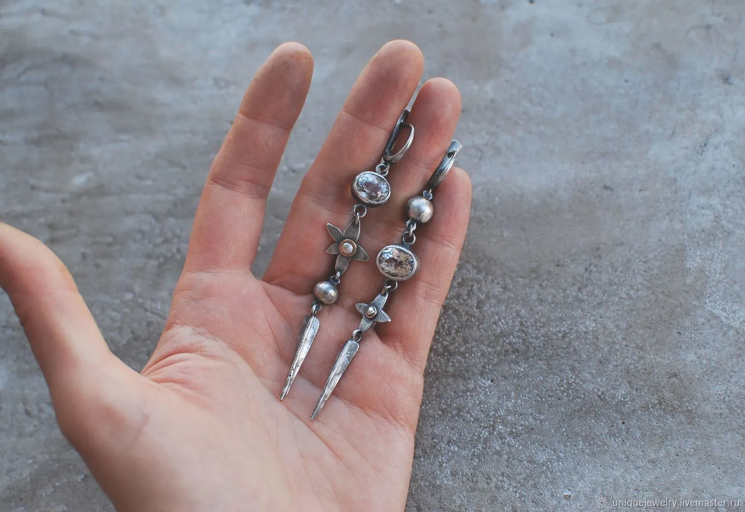 Geometric XINGX pendant earrings in antique silver with rhinestone detailing
