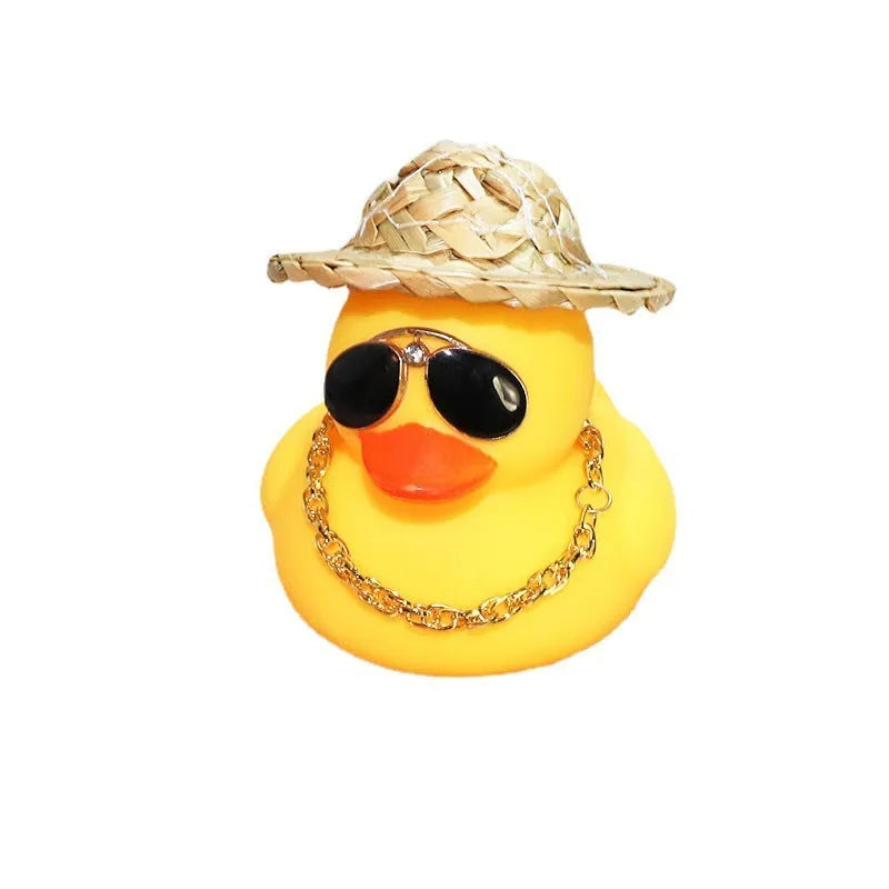 Straw hat yellow duck car dashboard ornament with matte finish and included accessories