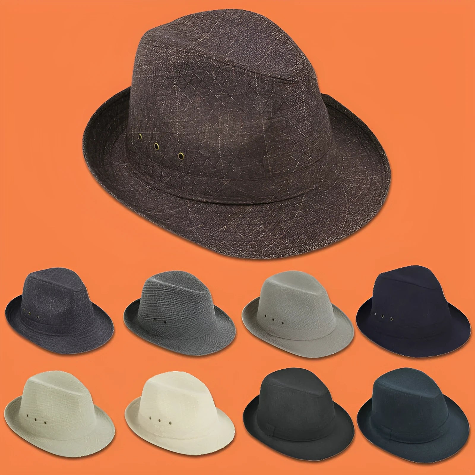 Men's classic fedora hat in suit material and linen, shown in various colours with size tags for 57cm, 58cm, 59cm, and 60cm.