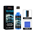 Blue PET bottle of automotive glass oil film cleaner with sponge and towel, 150ml capacity