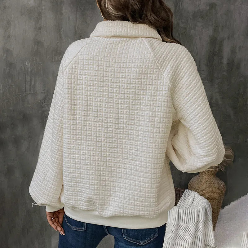Women's milky white polo collar sweater with textured fabric and long sleeves