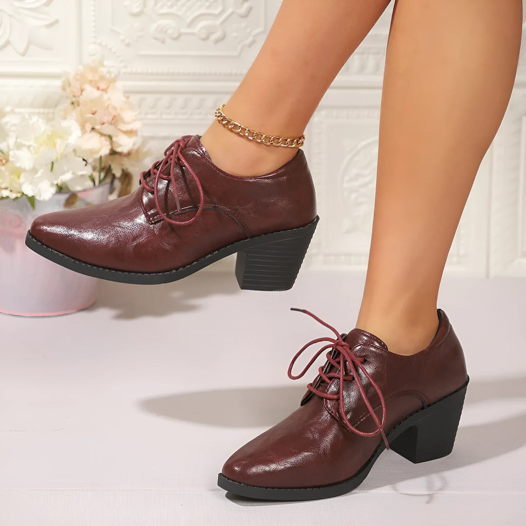 Women's pointed chunky heel front lace-up low-top shoes in beige, solid colour PU upper
