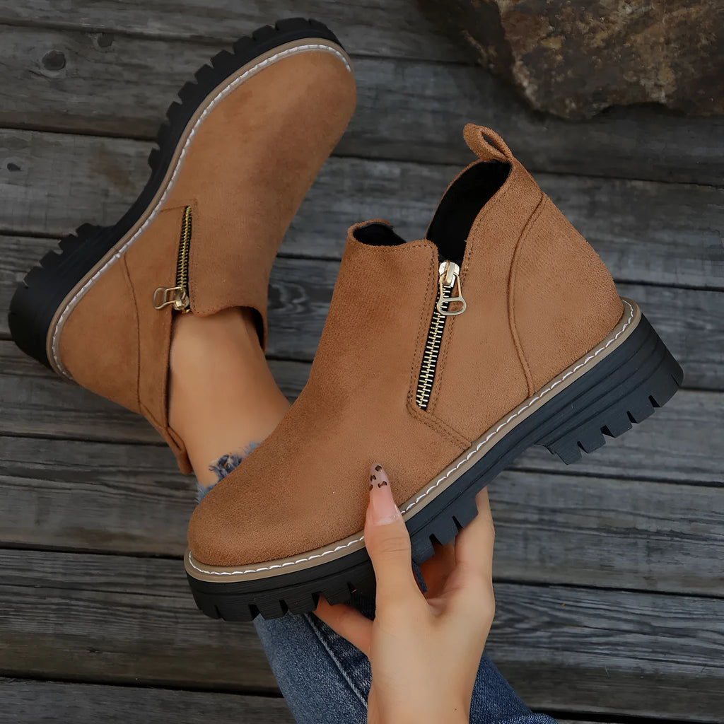 Suede ankle boots with side zipper, chunky heel, round toe, low tube, solid colour women's footwear