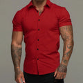 Men's short sleeve lapel shirt in loose cardigan style, solid colour, polyester, sizes M to XXXL.