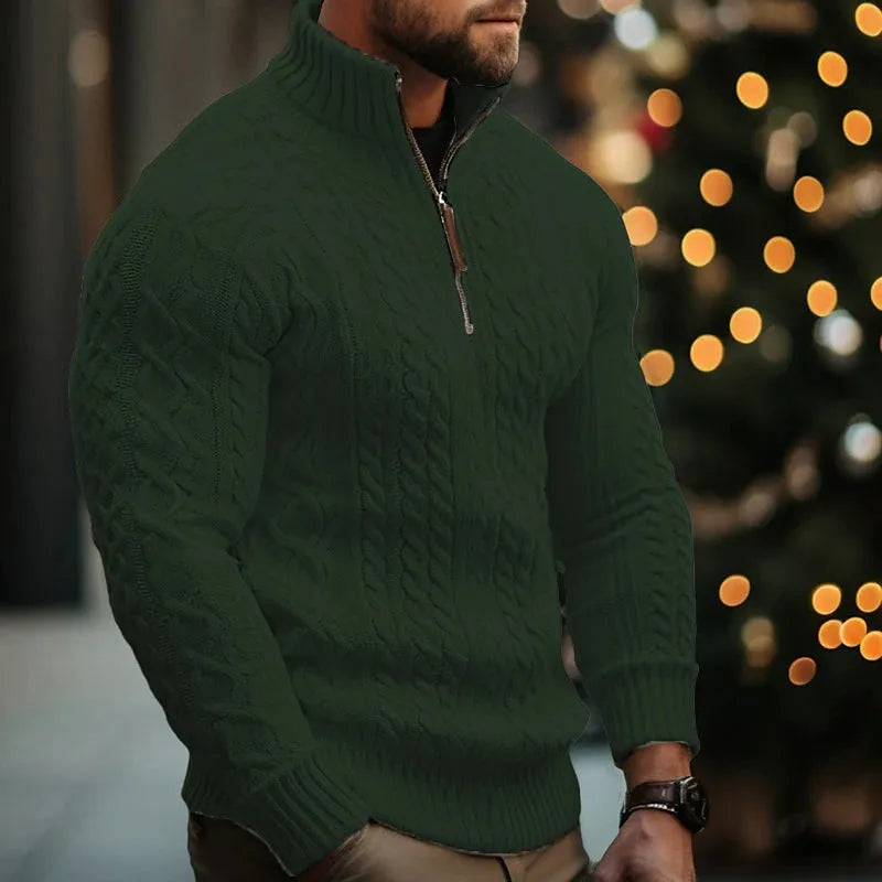 Men's knitwear half zip coat solid colour twisted thickened sweater in brown, loose fit British style pullover with long sleeves