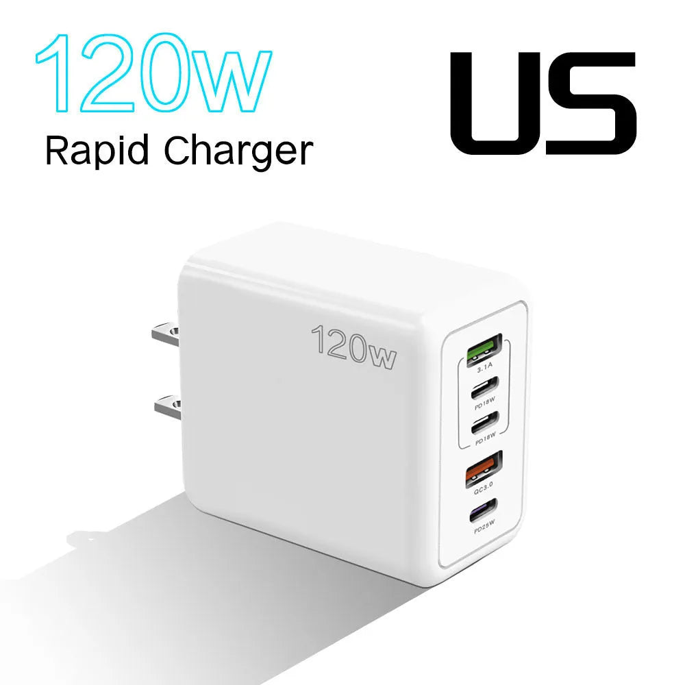 120W multi-port fast charger with five USB ports in white colour and UK three-pin plug