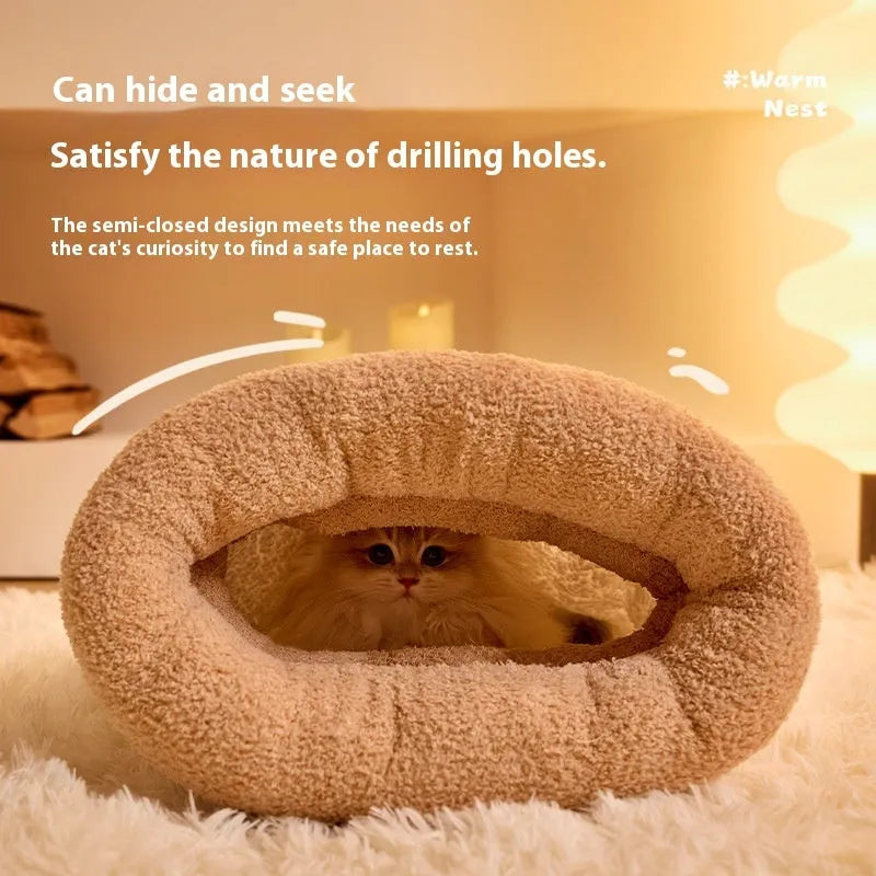 Brown grey white pet sleeping bag semi enclosed design for indoor cat dog use