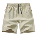 European size men's athletic shorts in polyester, summer thin, straight-leg, available in black, gray, blue, Army Green, and khaki.