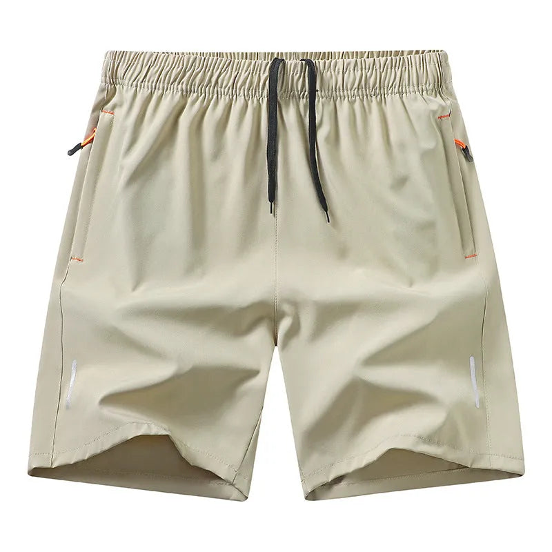 European size men's athletic shorts in polyester, summer thin, straight-leg, available in black, gray, blue, Army Green, and khaki.